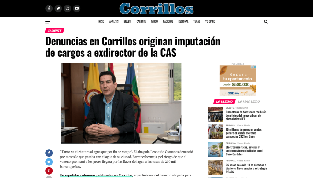 Imputación contra exdirector de la Corporación Autónoma de Santander (CAS), por delitos ambientales por omisión.