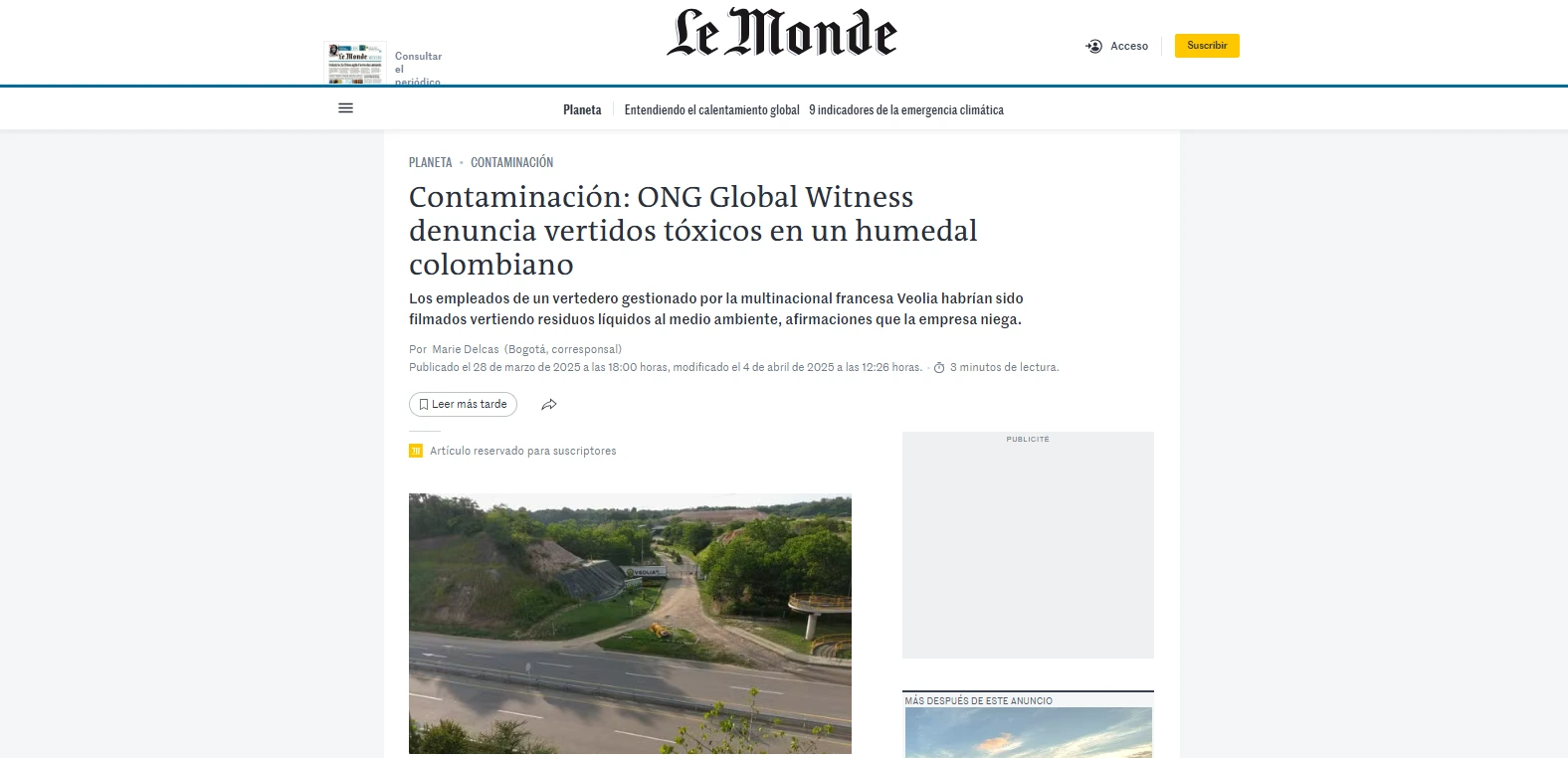 Contaminación: ONG Global Witness denuncia vertidos tóxicos en Humedales Colombianos